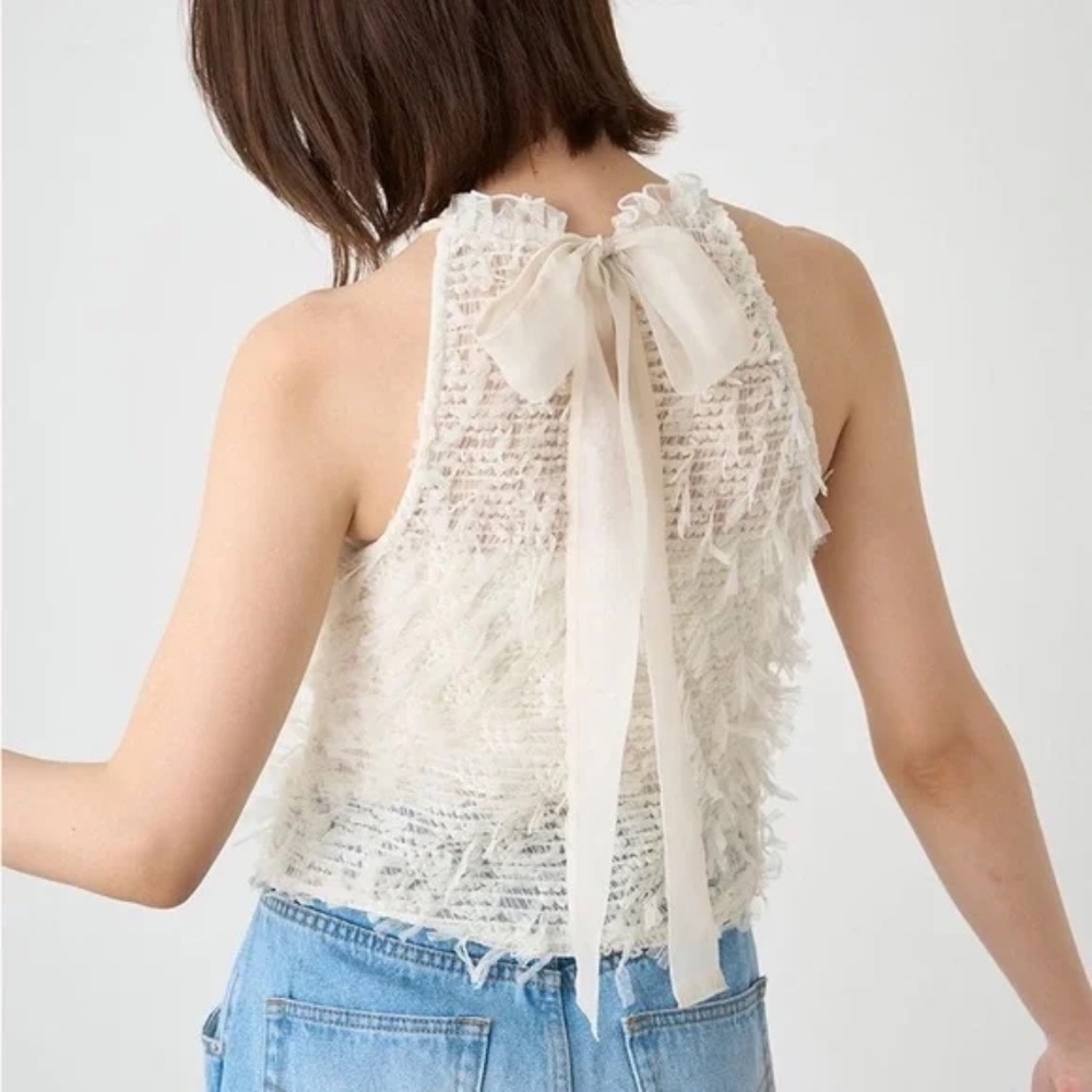 Snidel White Halter Neck Cropped Cami Top Fringe Shirred Tulle Ribbon View 3